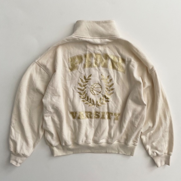 PINK Victoria's Secret Sweatshirt Sweater Ivory w/ Gold Shimmer Varsity 1/4 Zip - Picture 1 of 4